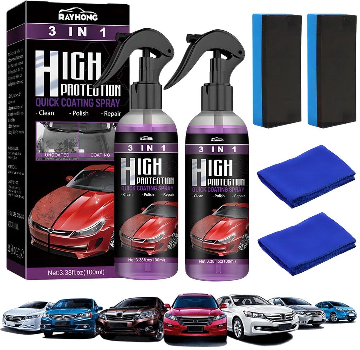 SnelShoppen - 2x 3-in-1 Auto Coating Spray, Snelle Nano Bescherming, Hoge Bescherming, Water-, Olie- en Krassenbestendig, Auto Onderhoud, 500ml