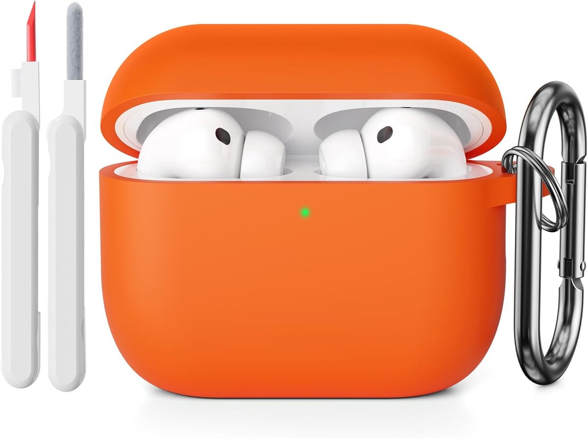 SnelShoppen - Silicone Beschermhoes voor AirPods Pro 3e Generatie met Schoonmaakset, Schokbestendige Dunne Case, Oranje, Inclusief Carabiner