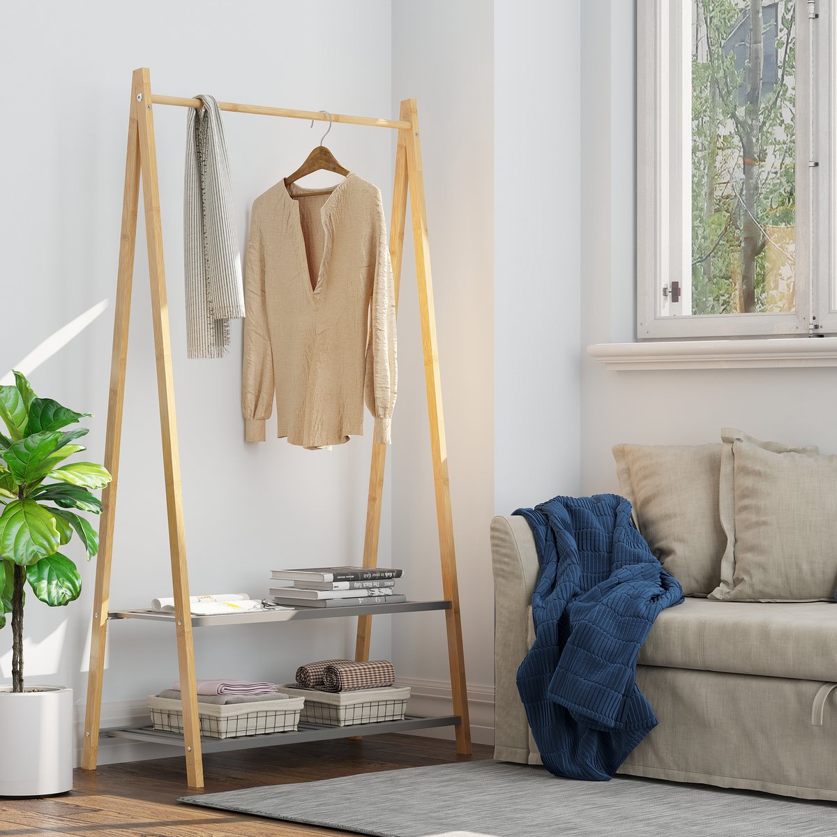 COVREO Kledingrek 80x40x150 cm - bamboe, naturel, met kledingstang en 2 planken