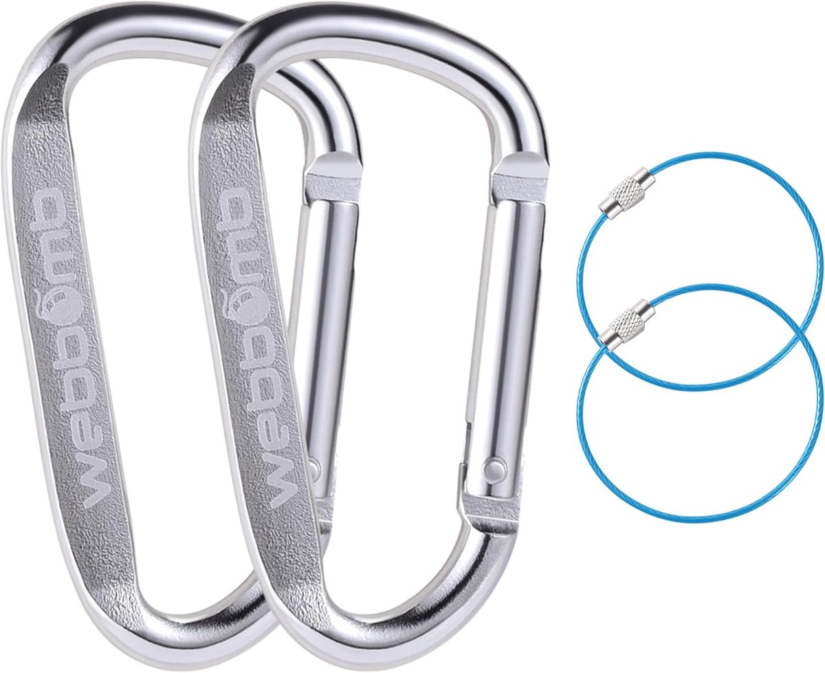 SnelShoppen - 2 x Carabiner Hooks 6.5 cm, Snap Hook, Draagbare Snap Carabiner + 2 x Kabel Sleutelhangers voor Camping, Hiken, Vissen, Keychain, Multif
