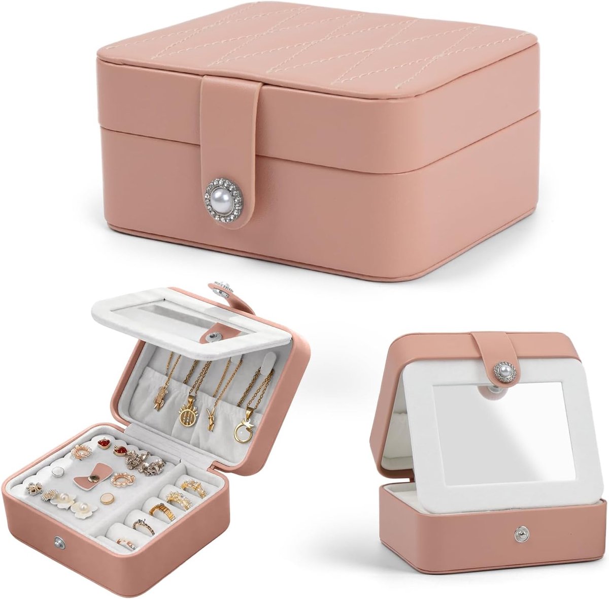 SnelShoppen - Small Travel Jewellery Box - PU Leren Sieradenbox met Spiegel voor Ringen, Oorbellen, Kettingen, Armbanden - Roze - Ideaal voor Reizen e