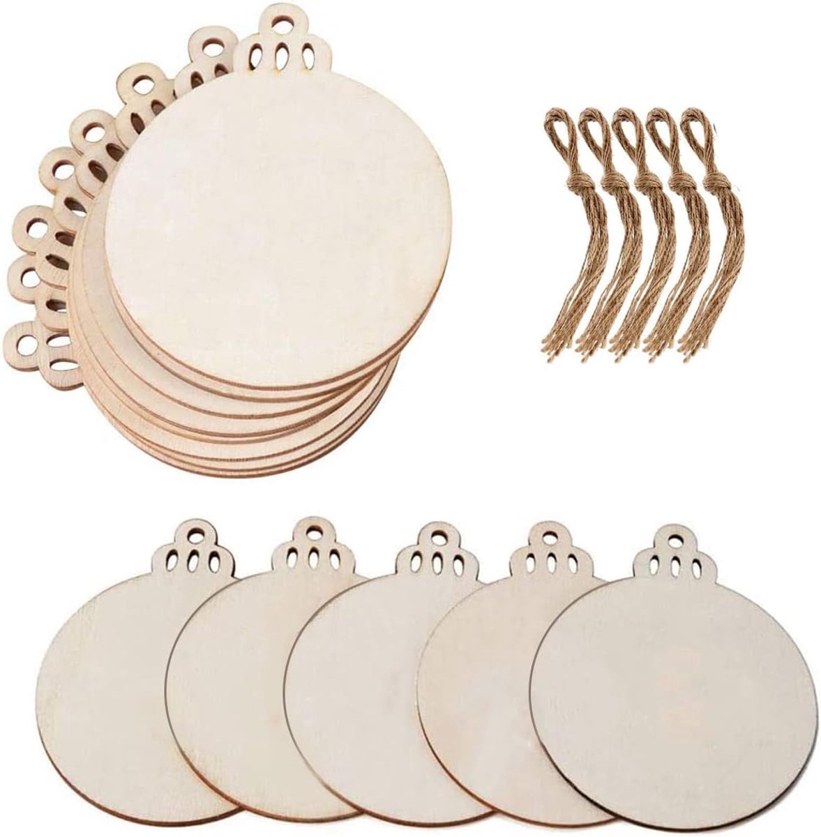 SnelShoppen - 50pcs Houten Ronde Kerstballen Lege Hangende Decoraties met Touw voor Feestdagen, DIY Creaties en Cadeau Tags - 73mm Diameter