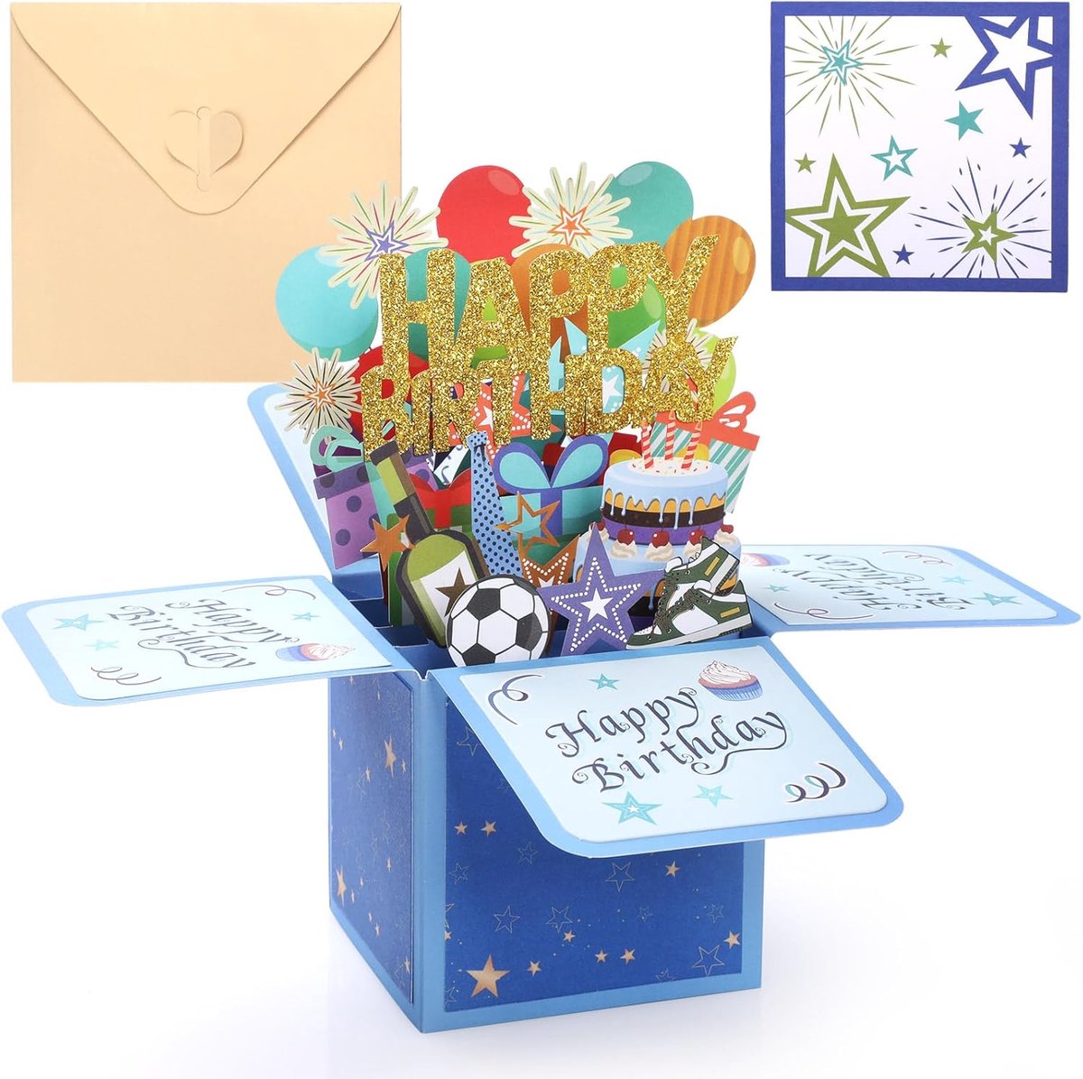 SnelShoppen - 3D Pop-Up Verjaardagskaart met Envelop, Luxe Kaart voor Vrienden, Familie, Kinderen, 8x8x18 cm, Handgemaakt, Kleurvol, Perfect voor Fees