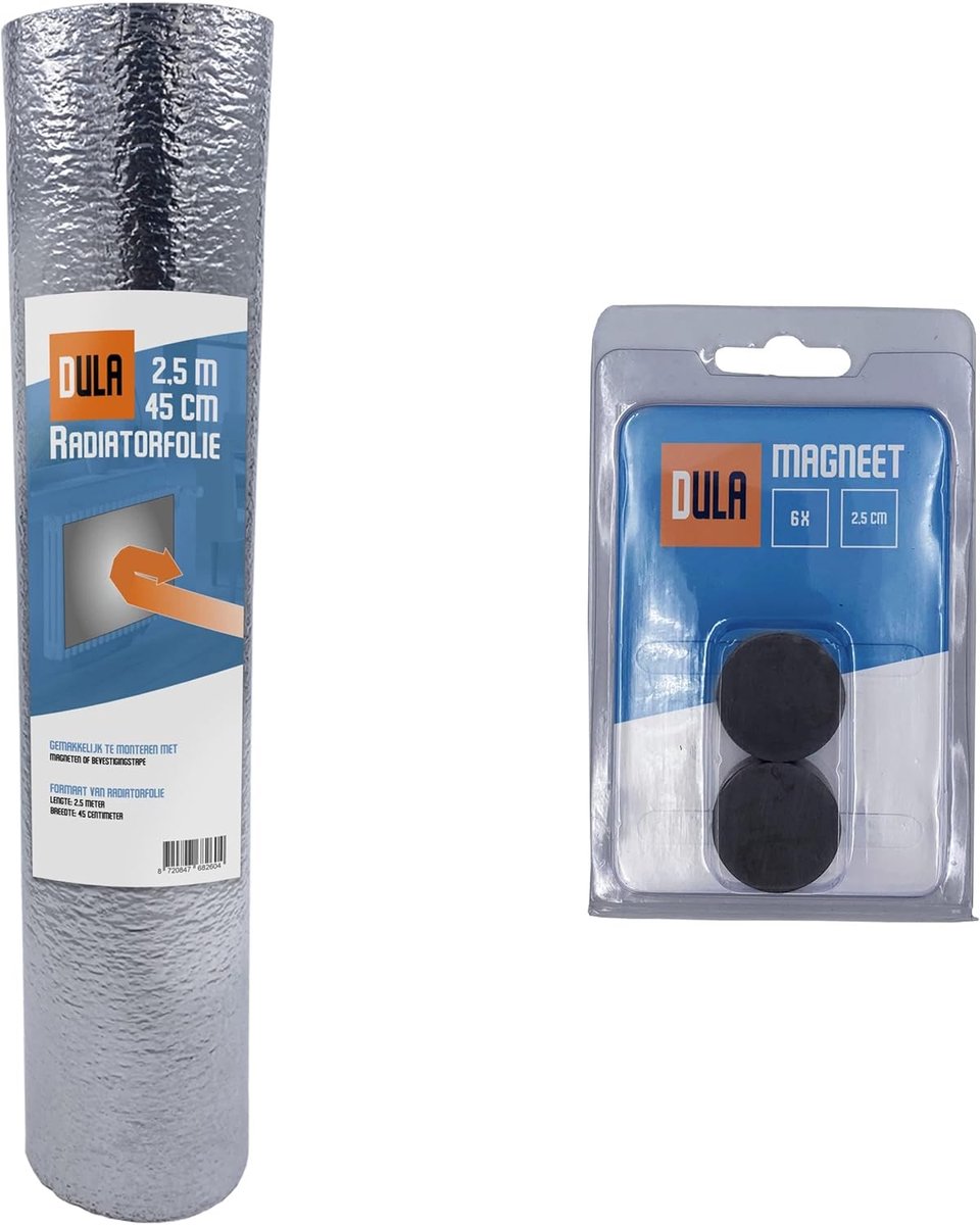 Thijox - DULA Radiatorfolie 2,5m x 45cm - Isolatiefolie met 12 Sterke Magneten - Efficiënte Warmte Reflectie 90% - Bespaar Energiekosten - Ideaal voor