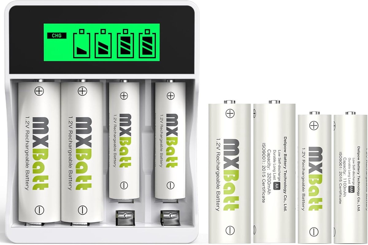 SnelShoppen - Oplaadbare Batterijen AA en AAA Combo met LCD Snellader - 4x 3200mAh AA en 4x 1100mAh AAA - Ideaal voor Elektronica, Speelgoed en Campin