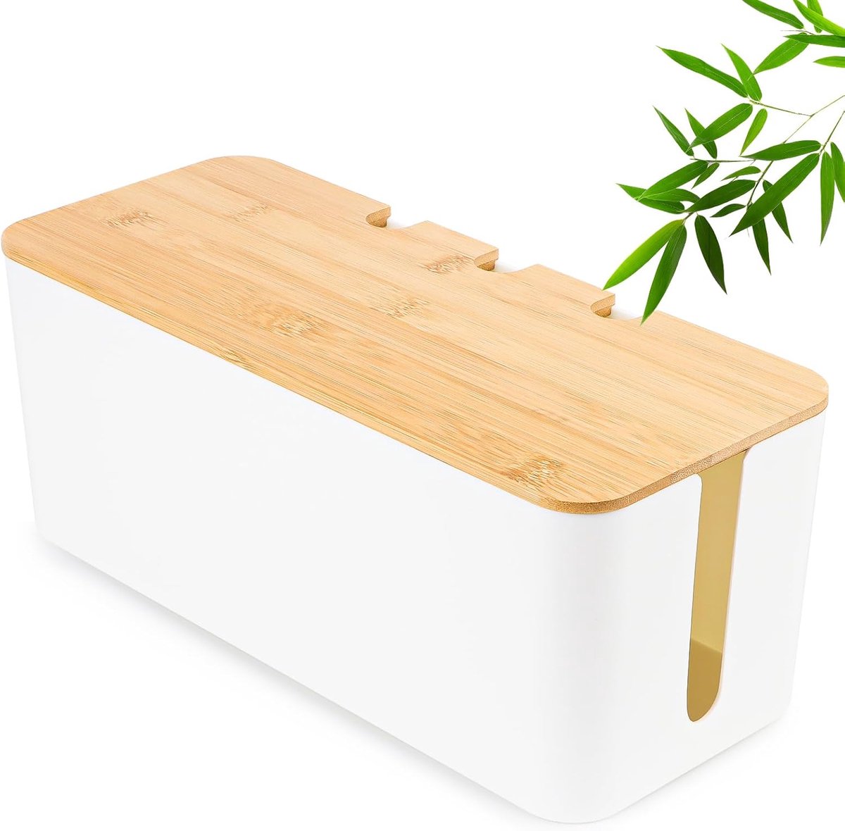 SnelShoppen - Grote Kabelbox, Kabelmanagementbox met Houten Deksel, Kabelorganizerbox voor Adapter en Stekkerstrips, Wit, 23,5 x 11,5 x 12 cm