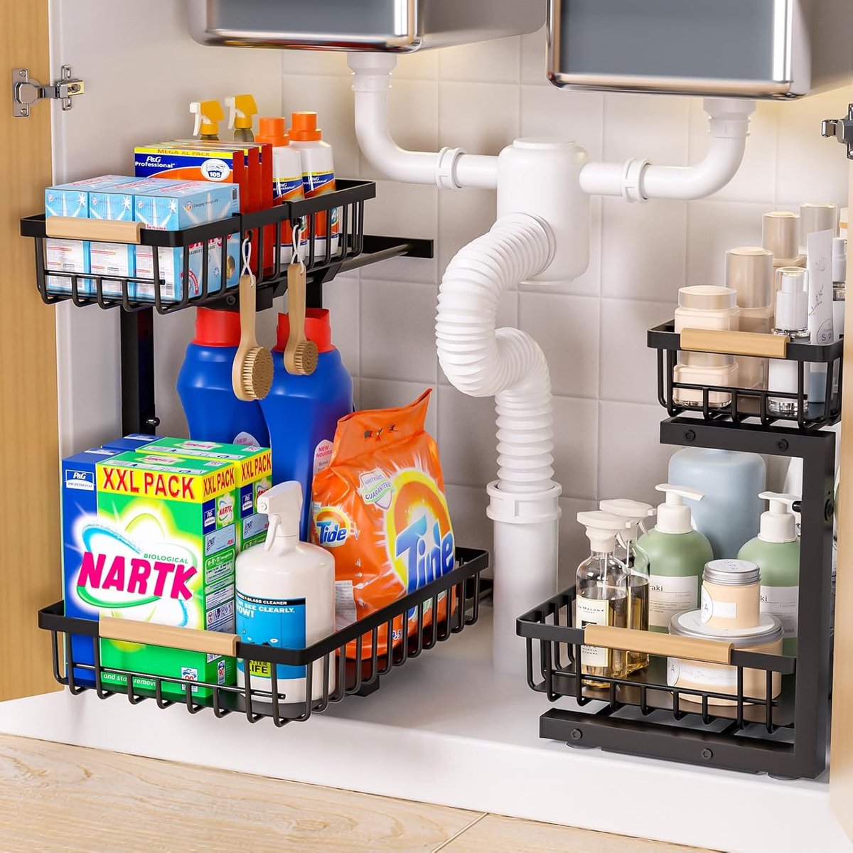 SnelShoppen - Washbasin Base Cabinet - Verstelbare Keuken Organizer - Uitschuifbaar Onderkastje - Carbon Staal - Zwart - Ideaal voor Onder de Wasbak