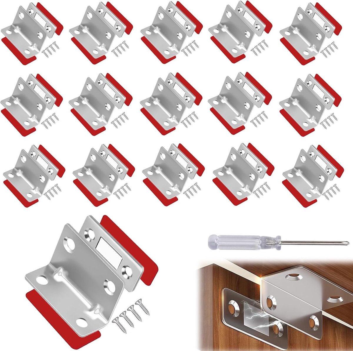 SnelShoppen - Pack van 15 Magnetische Snappers Deur Magnet met Schroevendraaier L-Vormige Magneten voor Kastdeuren, Deurmagneet, Zelfklevend voor Lade