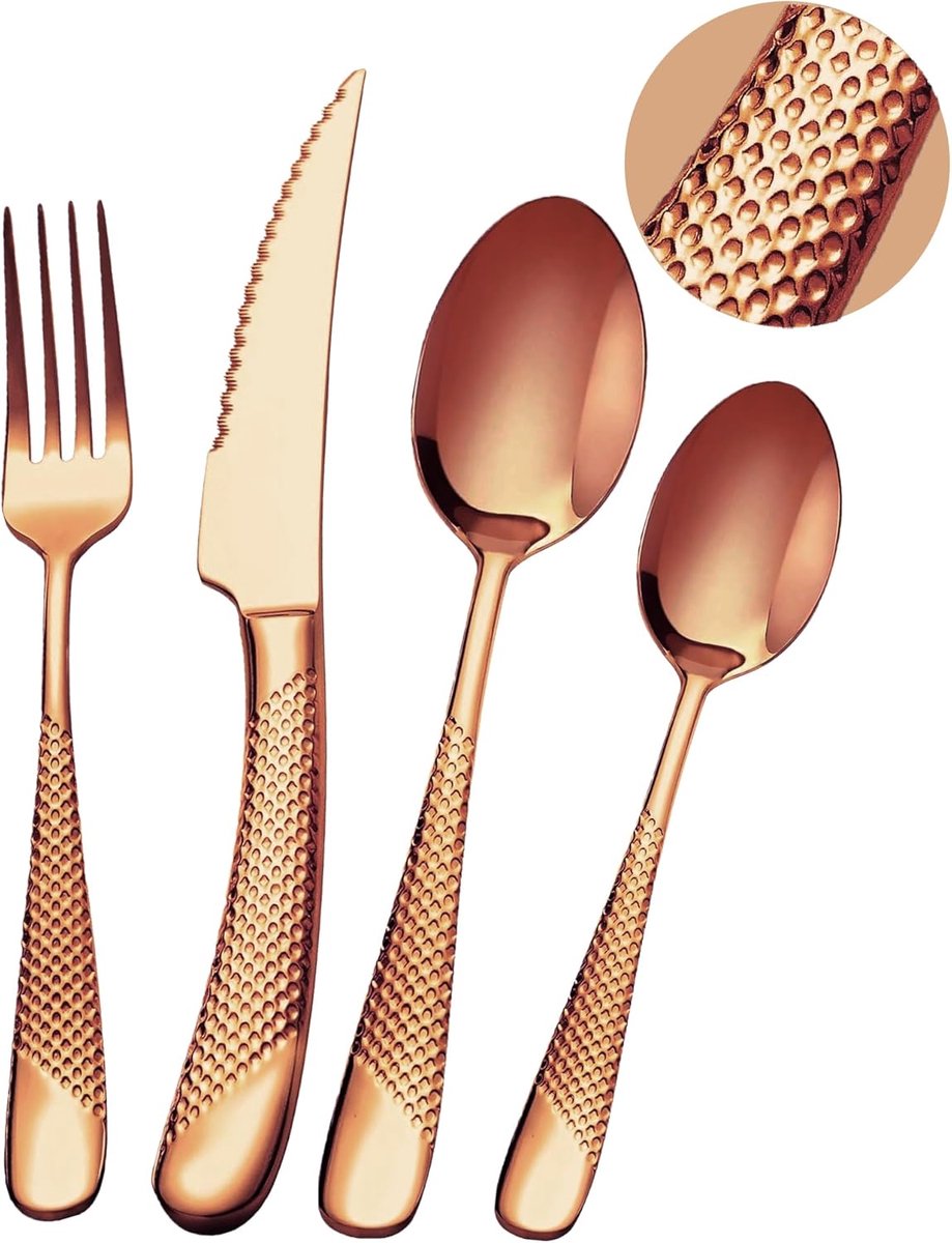 SnelShoppen - 24-delige Modern Hammered Bestekset in Roségoud met Ultra-Scherpe 2-in-1 Getande Messen, RVS 18/10, Bestek voor 6 Personen, Messen, Vork