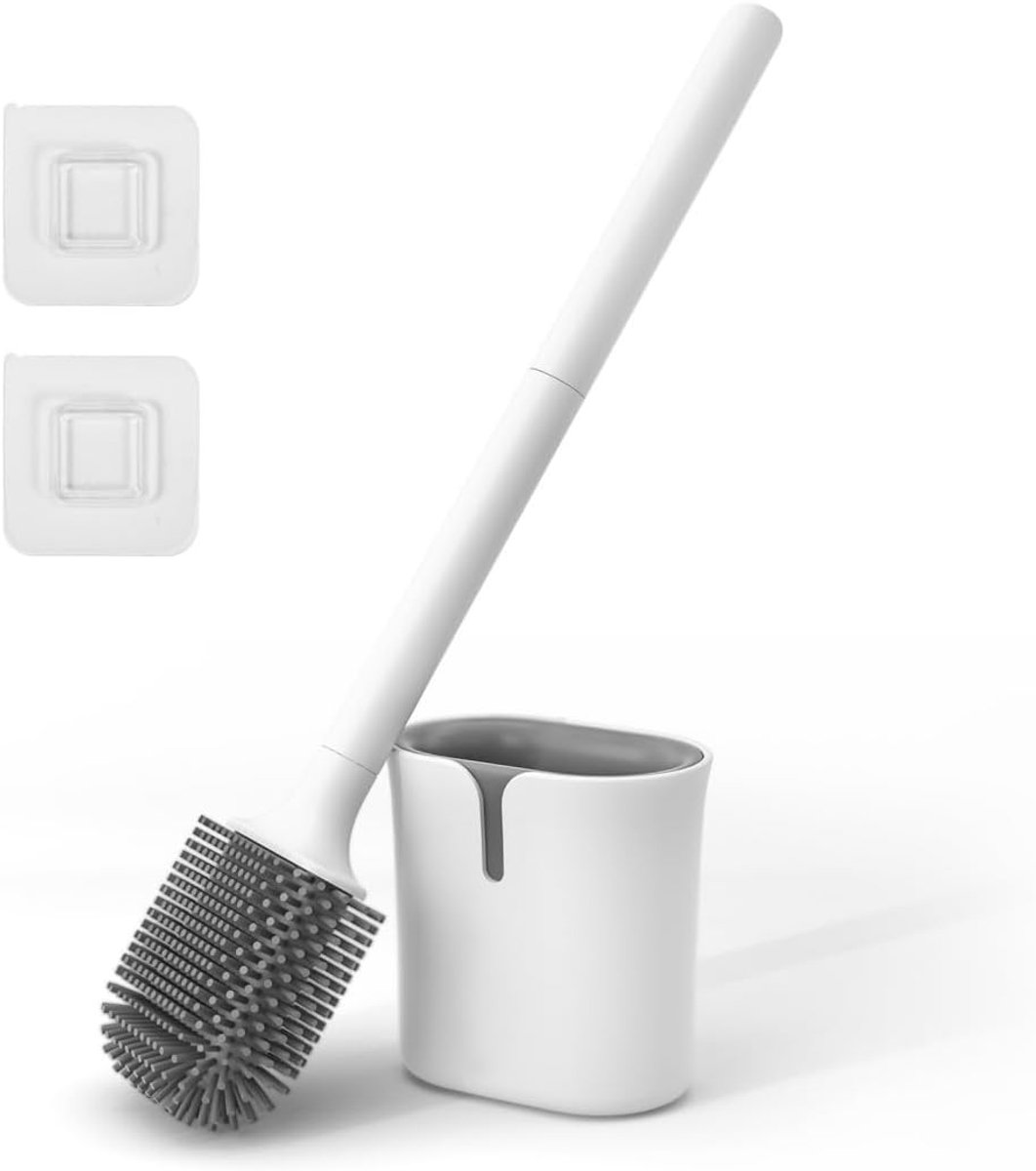SnelShoppen - Silicone Toiletborstel Plat Antibacterieel Sneldrogend Drupvrij Wand- en Vloermontage Wit - Hoge Reinigingskracht voor Toilet