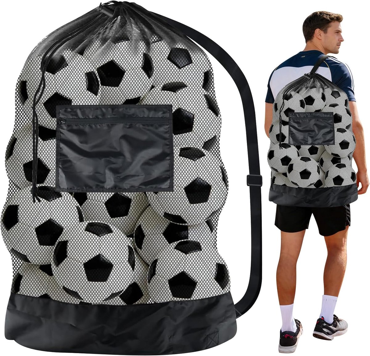 SnelShoppen - Extra Large Balnet - Multifunctionele Sporttas - Mesh Bag voor Basketbal, Voetbal, Volleybal, Rugby - Zwart met Trekkoord en Schouderban