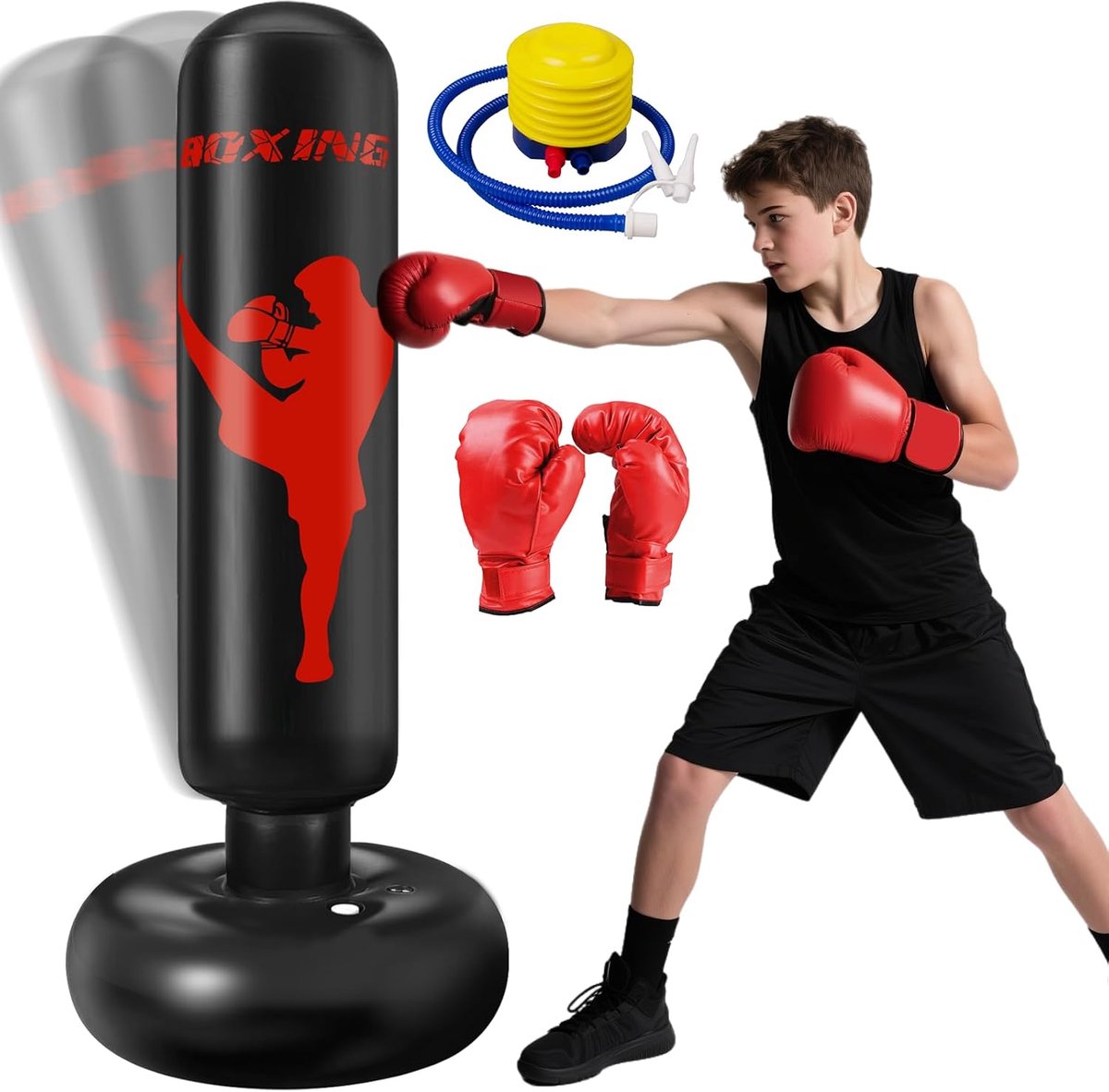 SnelShoppen - 160 cm Kids Bokszak met Bokshandschoenen en Luchtpomp, Staande Punching Bag voor Binnen en Buiten, Perfect voor Jongens en Meisjes 3-12