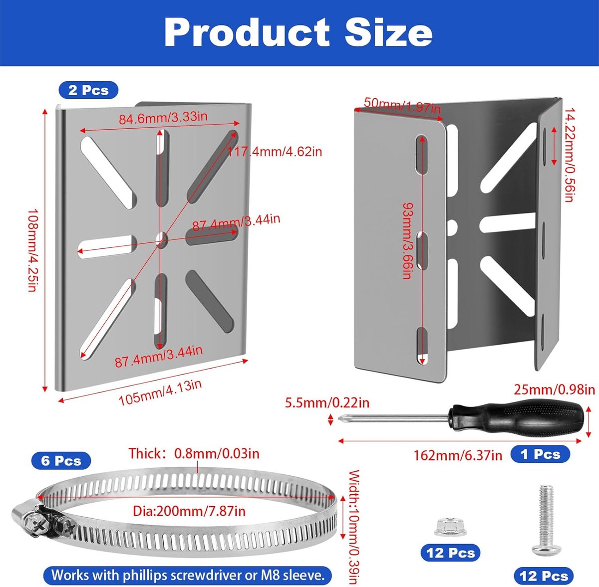 SnelShoppen - Pack van 2 universele verticale paalhouders, roestvrij staal, 20 cm met 6 verstelbare clips voor CCTV camera's, IP camera's, buitengebru