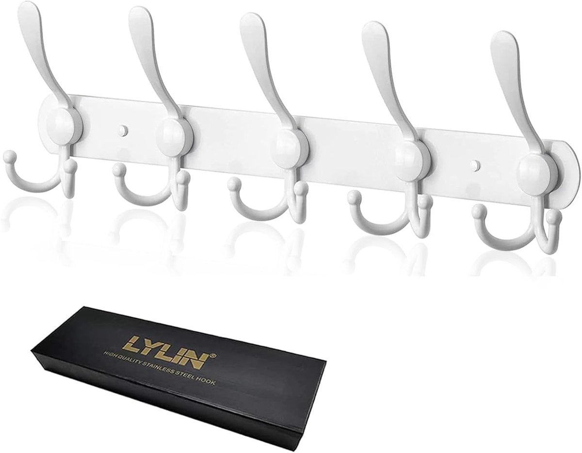 SnelShoppen - LYLIN Wandhaak Frame met 15 RVS Haakjes voor Badkamer, Keuken, Slaapkamer, Wit, Multifunctionele Wandhaken voor Jassen, Tassen, Handdoek