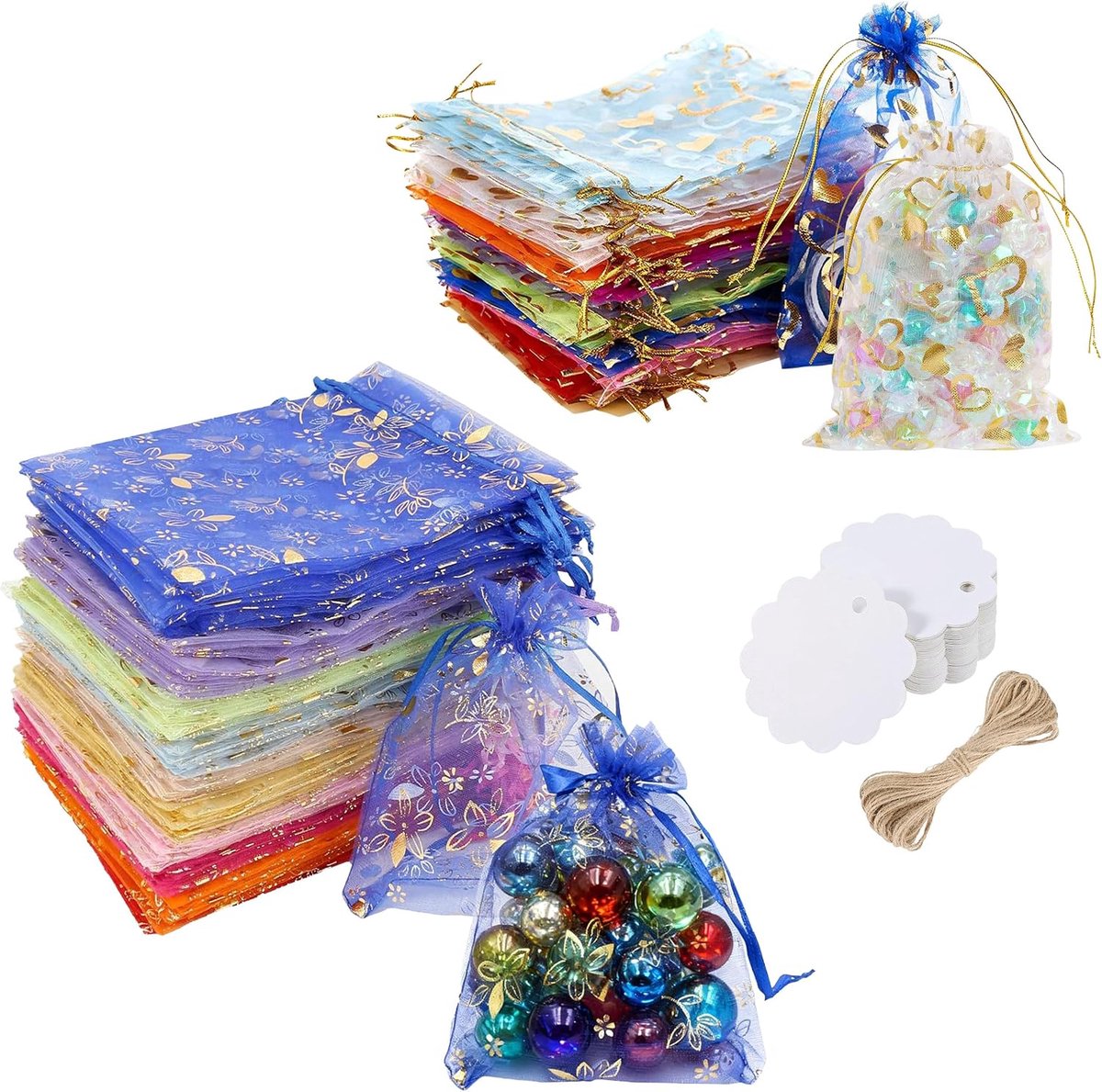 SnelShoppen - Organzazakjes 100 Stuks Kleurrijke Geschenkzakjes 12x9 cm met Trekkoord voor Bruiloft Feest Party Kleine Cadeaus, Hartjes en Bloemen Des