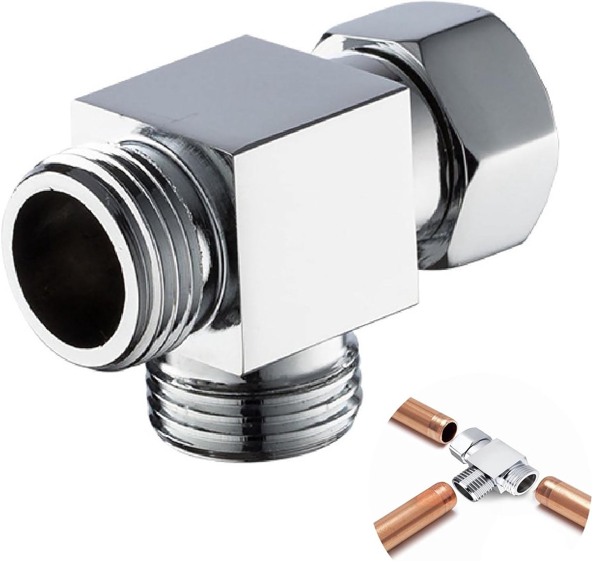 T-Stuk Adapter voor Wateraansluiting, 3-Weg Verbindingsklep voor Toilet, Badkamer en Keuken, Messing Chroom Geplateerd, 1/2 Inch Aansluiting