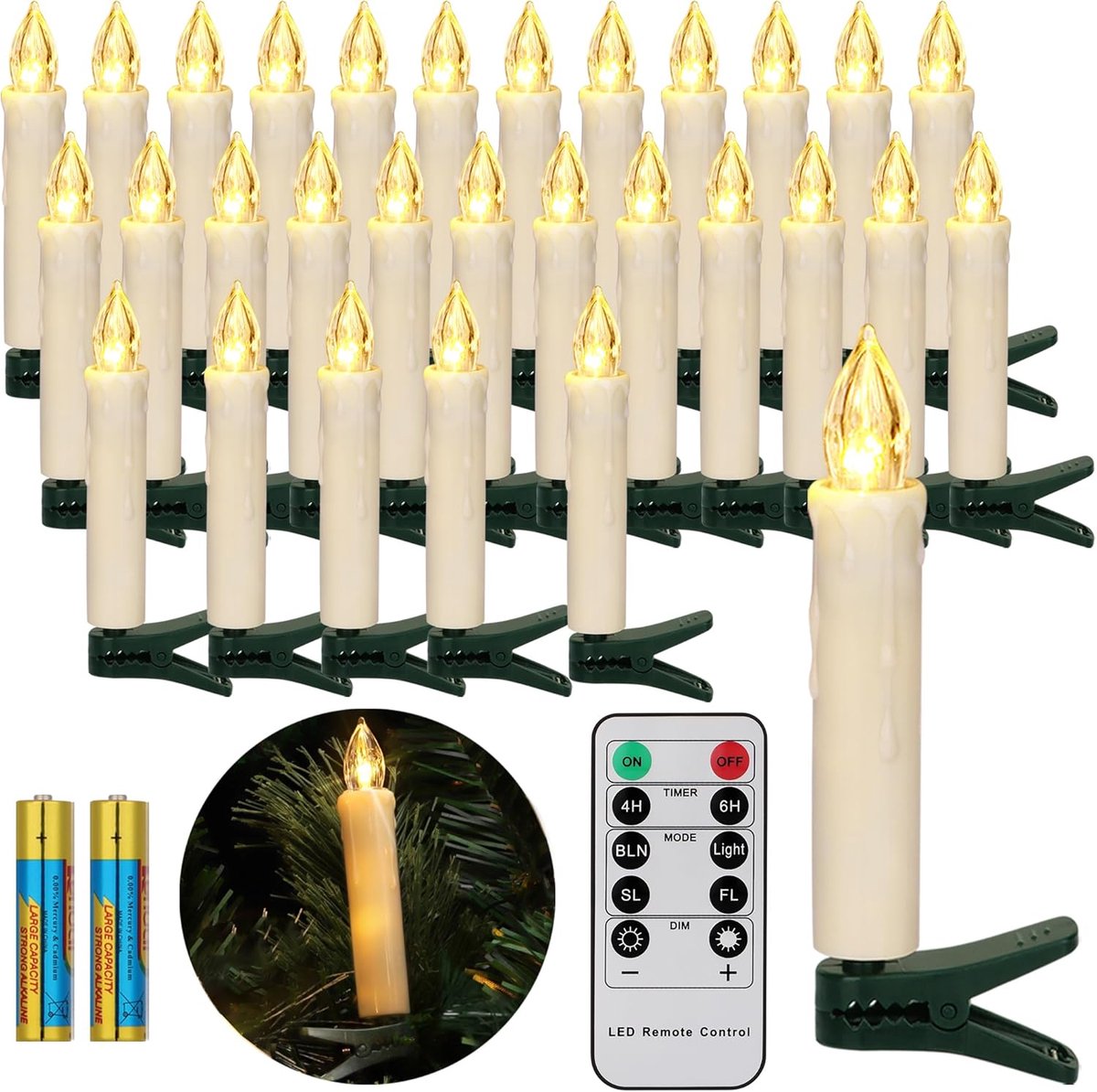SnelShoppen - Draadloze LED Kerstboomkaarsen met Afstandsbediening, Timer, Flickering en Dimbaar Warm Wit - 30 Stuks Inclusief Batterijen - Waterproof