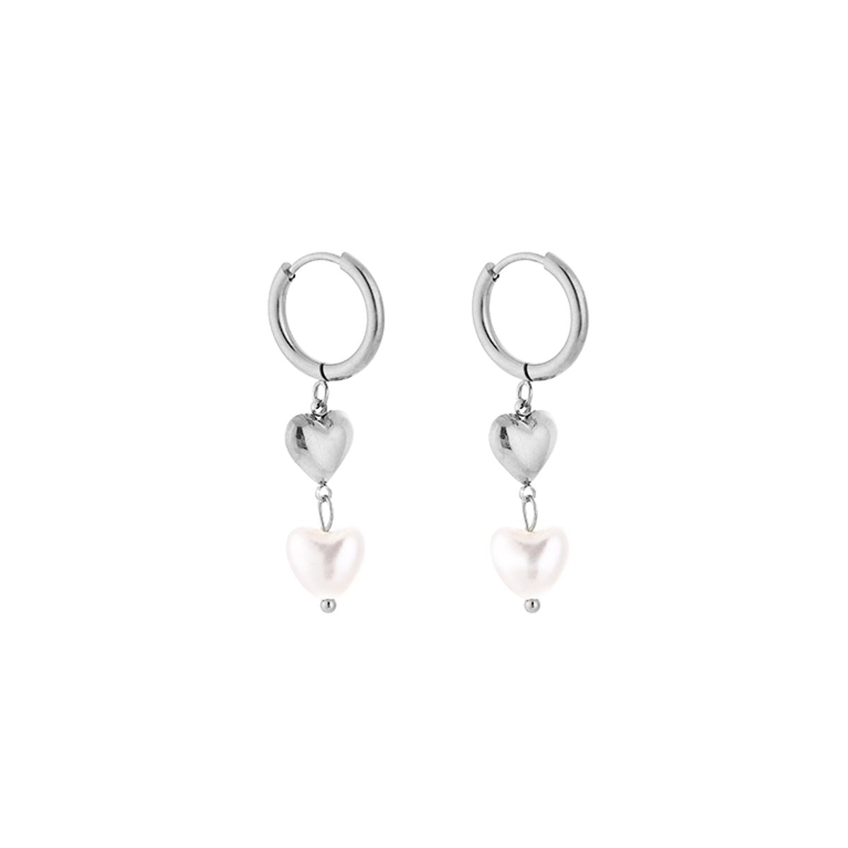 Stainless Steel Bedel Oorringen met Dubbel Hartje & Parel – Elegante & Romantische Oorhangers - RVS - Zilver