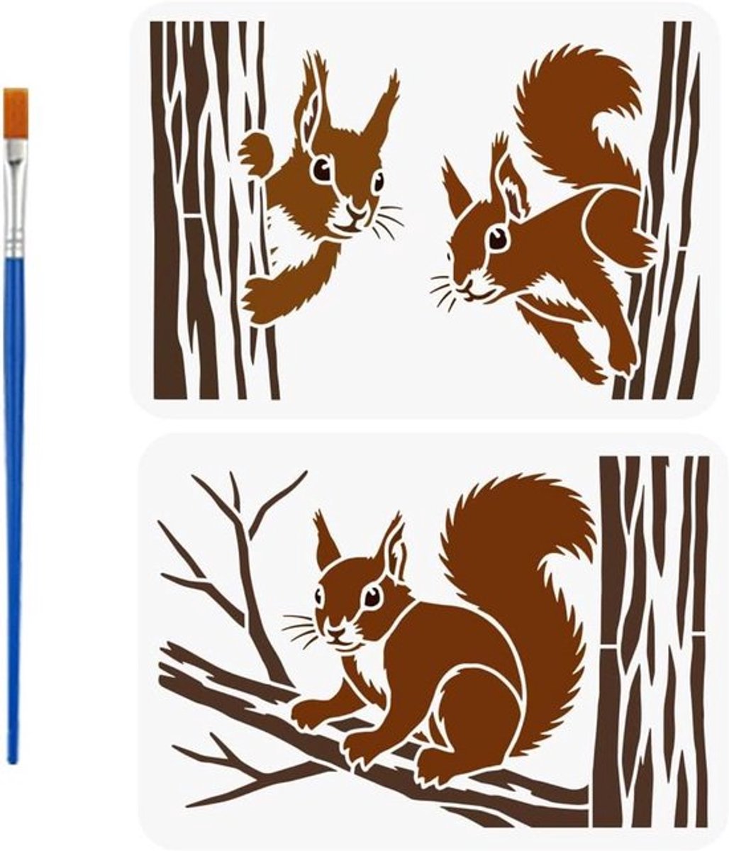 Set van 2 herbruikbare sjablonen voor huisdieren met eekhoorns in het bos - 16 cm penseel - schilderen op muren en hout