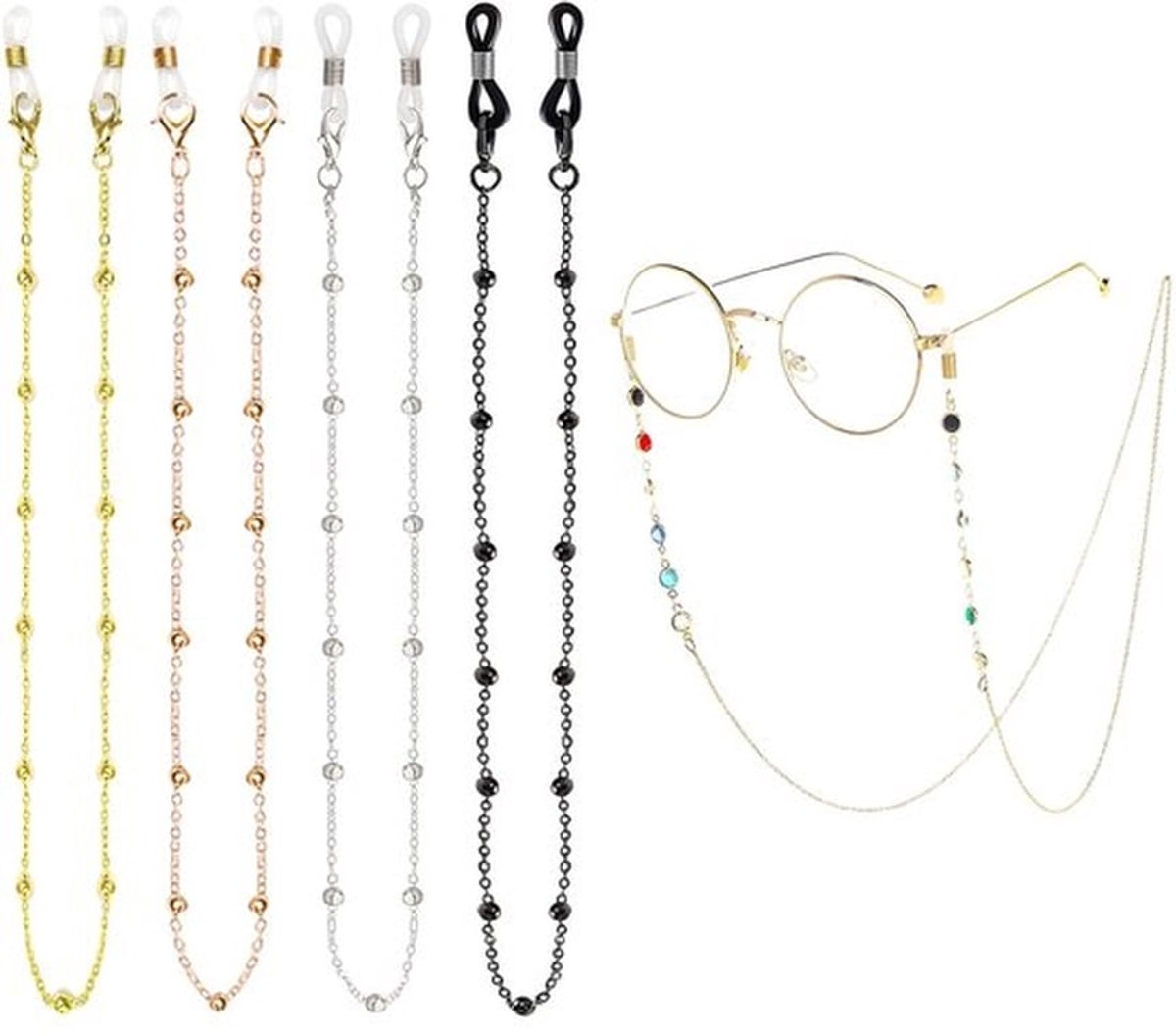 Brillenketting 5 Stuks - Metalen Kralenketting - Kleurrijke Kralen - Verstelbare Beugelringen - 70 cm - Schokbestendig - Brillenriem