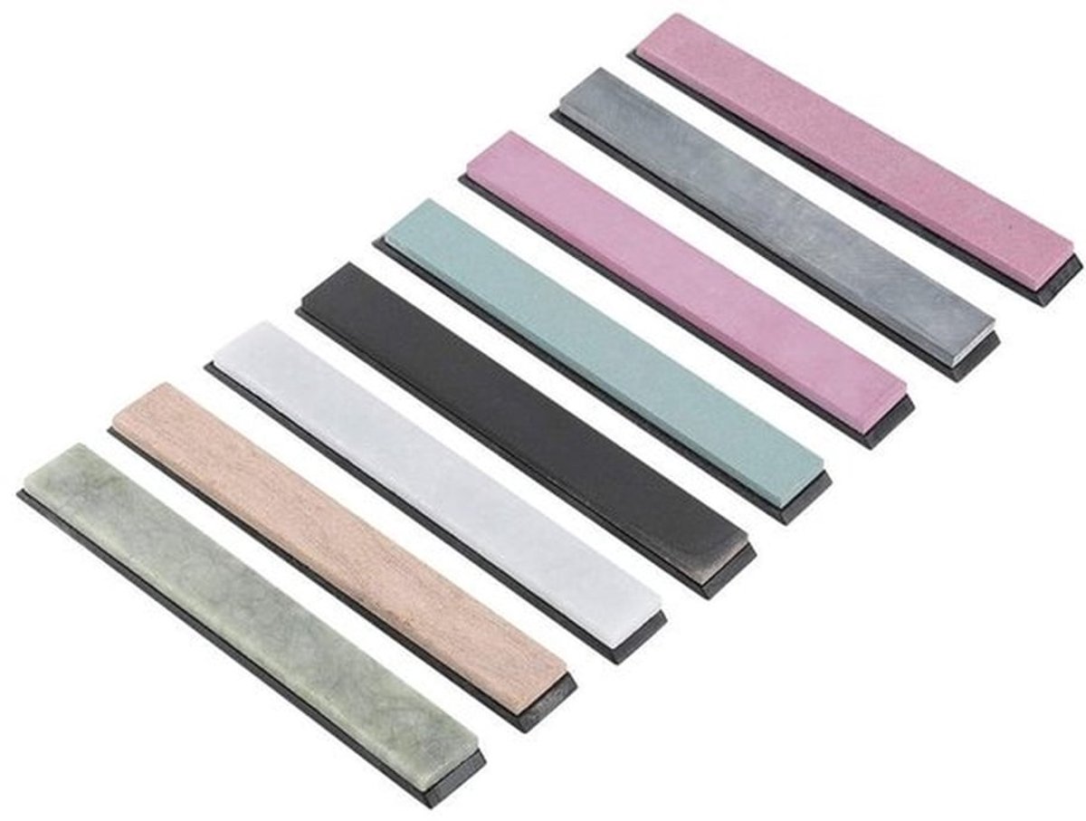 Slijpsteenset 8 Stuks - Korrelgrootte 240/400/800/1000/3000/5000/8000 - Hoogwaardige Steen - Draagbaar - Voor Slijpen van Keukenmessen - Afmetingen 15 x 2 x 0,5 cm - Slijpstenen