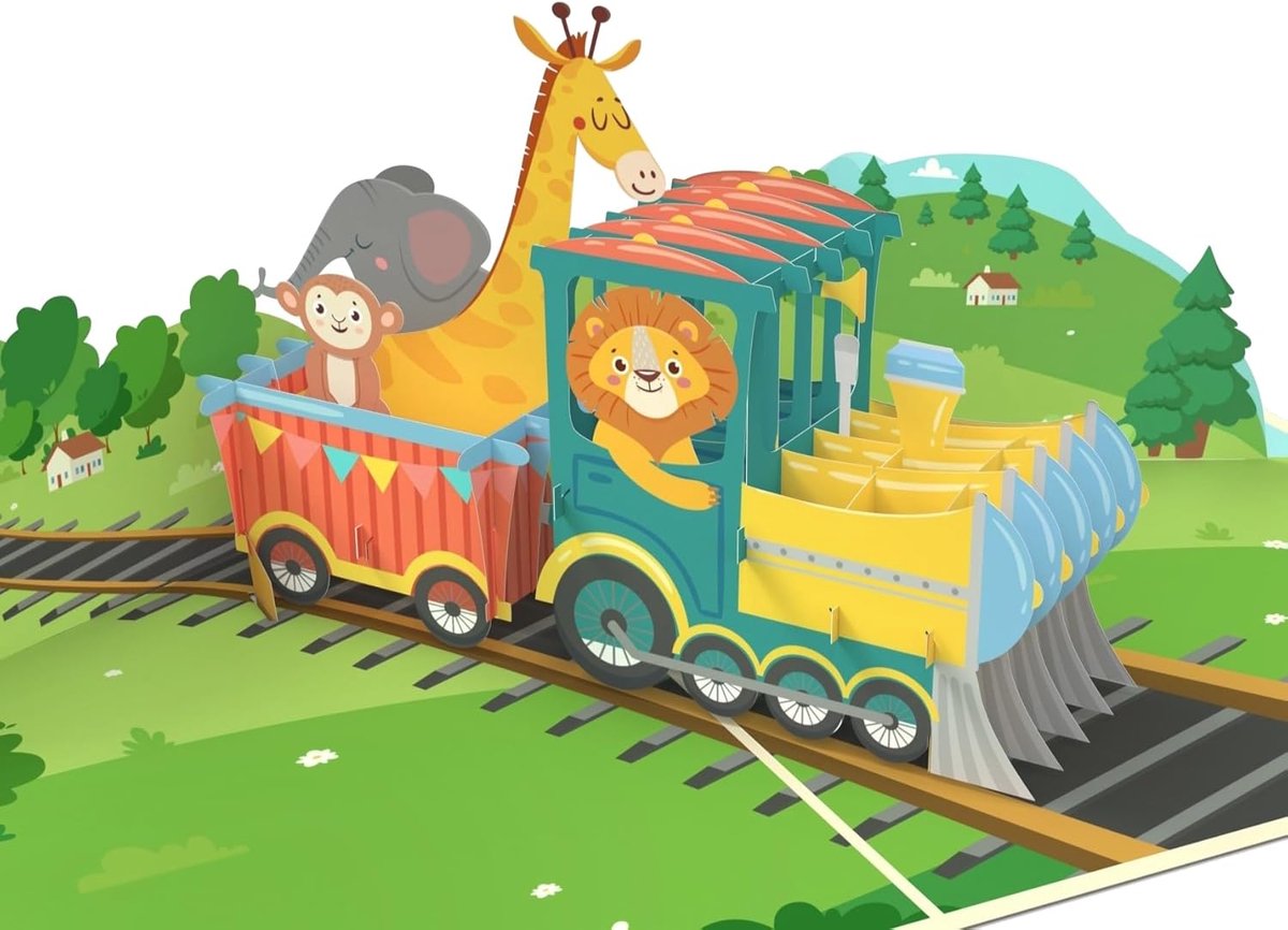 SnelShoppen - MOKIO Pop-Up Kaart - 3D Trein locomotief met dieren - Verjaardagskaart, Unieke kaart voor kinderen, Feest, Cadeau, Gelukkige momenten