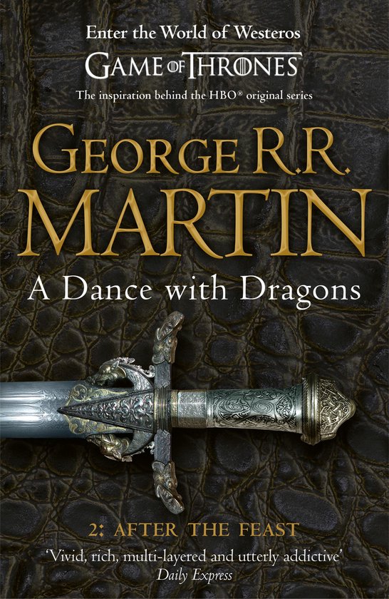 Boekomslag van "A Dance with Dragons" door George R.R. Martin, met een zwaard in de voorgrond op een krokodillenleren achtergrond. Game of Thrones.