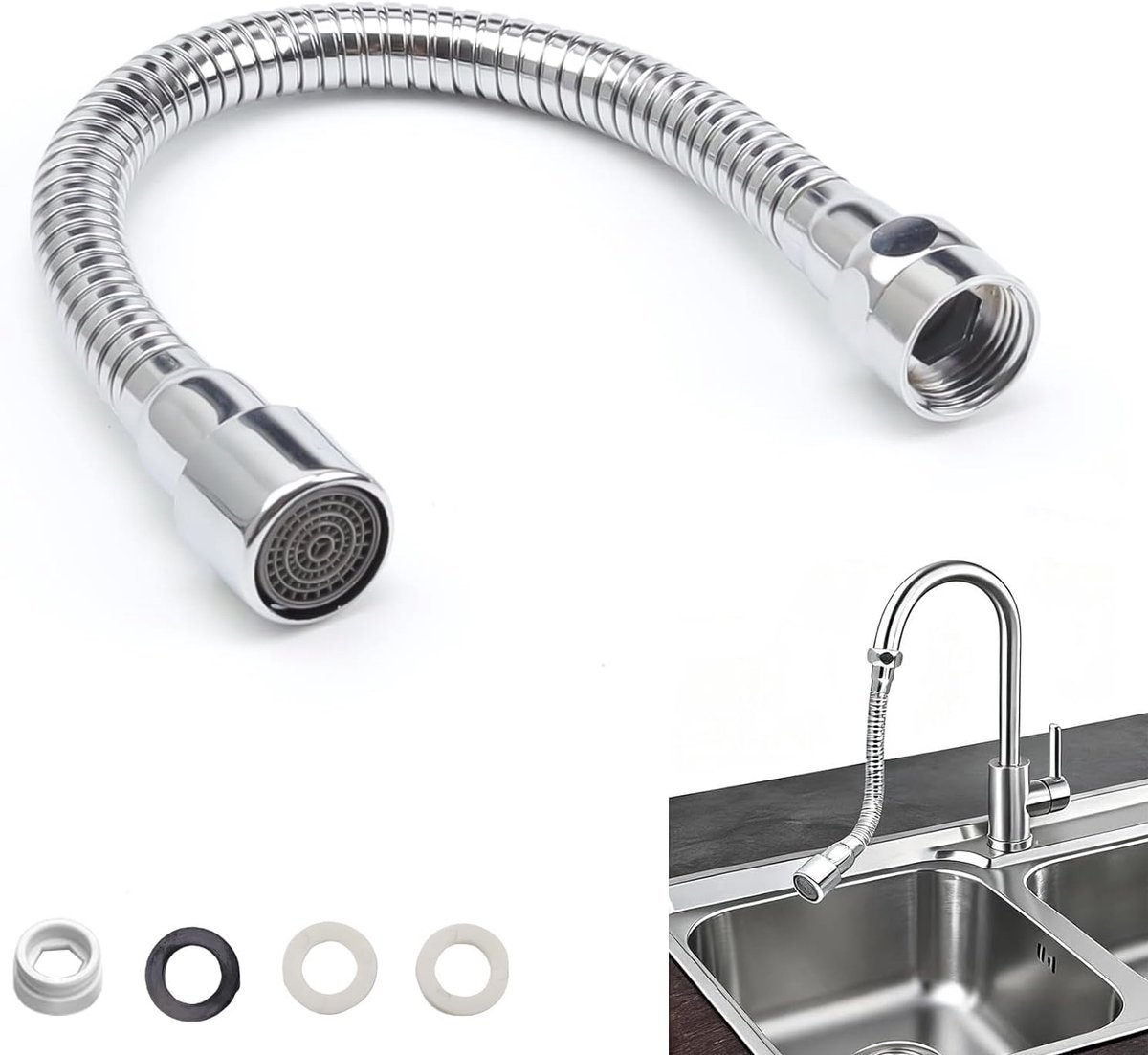 SnelShoppen - Tapuitbreiding 30 cm RVS 360° Verstelbare Kraanadapter met Vrouwelijke Draadadapter en Afsluitringen voor Badkamer, Keuken of Hotel