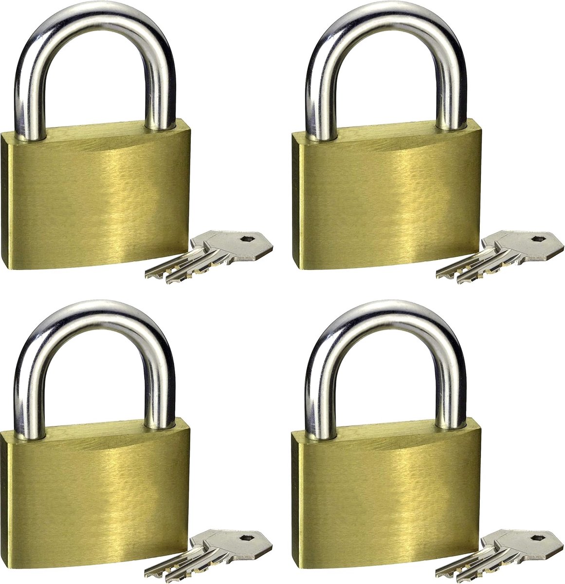 SnelShoppen - Padlock 40 mm - 4 stuks - Sleutel gelijk - Messing behuizing - Stalen beugel - Met 8 sleutels - Praktische set voor tuin, garage en werk
