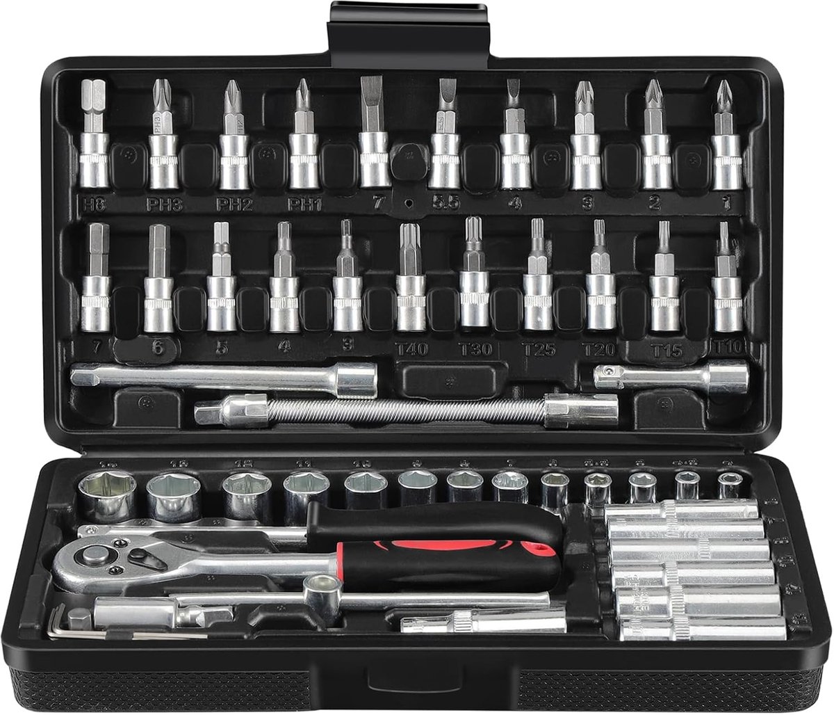 SnelShoppen - 53-delige CR-V Dopsleutelset met Ratelsleutel 1/4 Inch - Professionele Gereedschapsset voor Auto, Fiets en DIY Klussen