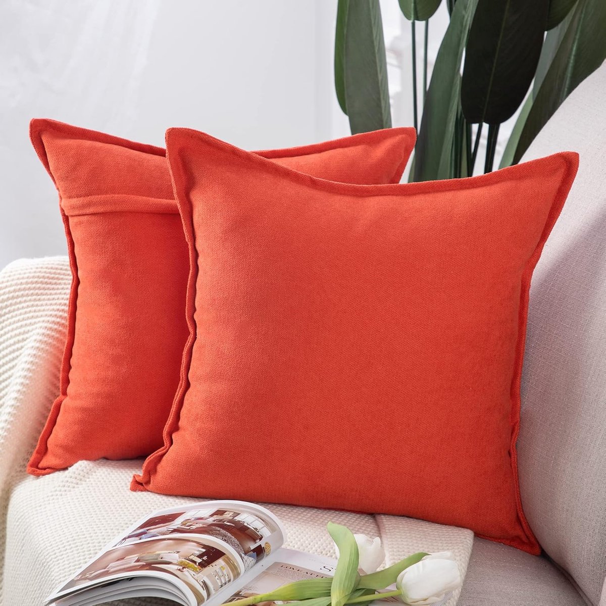 SnelShoppen - Set van 2 Korte Chenille Kussenhoezen 45x45cm - Zacht Decoratief Kussen voor Bank en Slaapkamer - Oranje Rood - Duurzame Kussenslopen vo