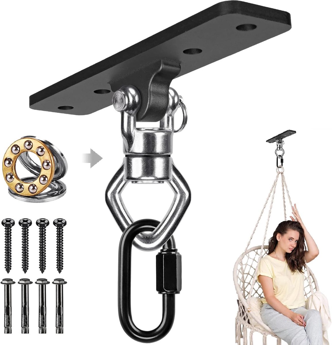 SnelShoppen - 1000lbs Capaciteit Hangende Stoel Beugel, RVS Hanger met 360° Rotatie voor Schommels, Bokszakken, Gymnastiekringen, Ideaal voor Binnen e