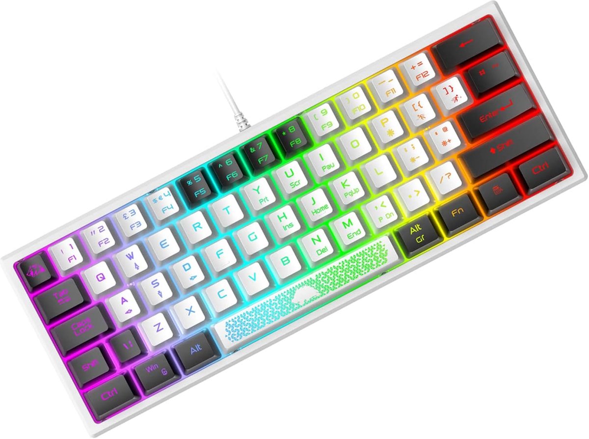 SnelShoppen - Mini 60% Gaming Keyboard Bedraad - Compact 62-Toetsen Mechanisch Voelen - Zwart/Wit Dubbelkleurige Toetsen - Optische Chroma RGB Verlich