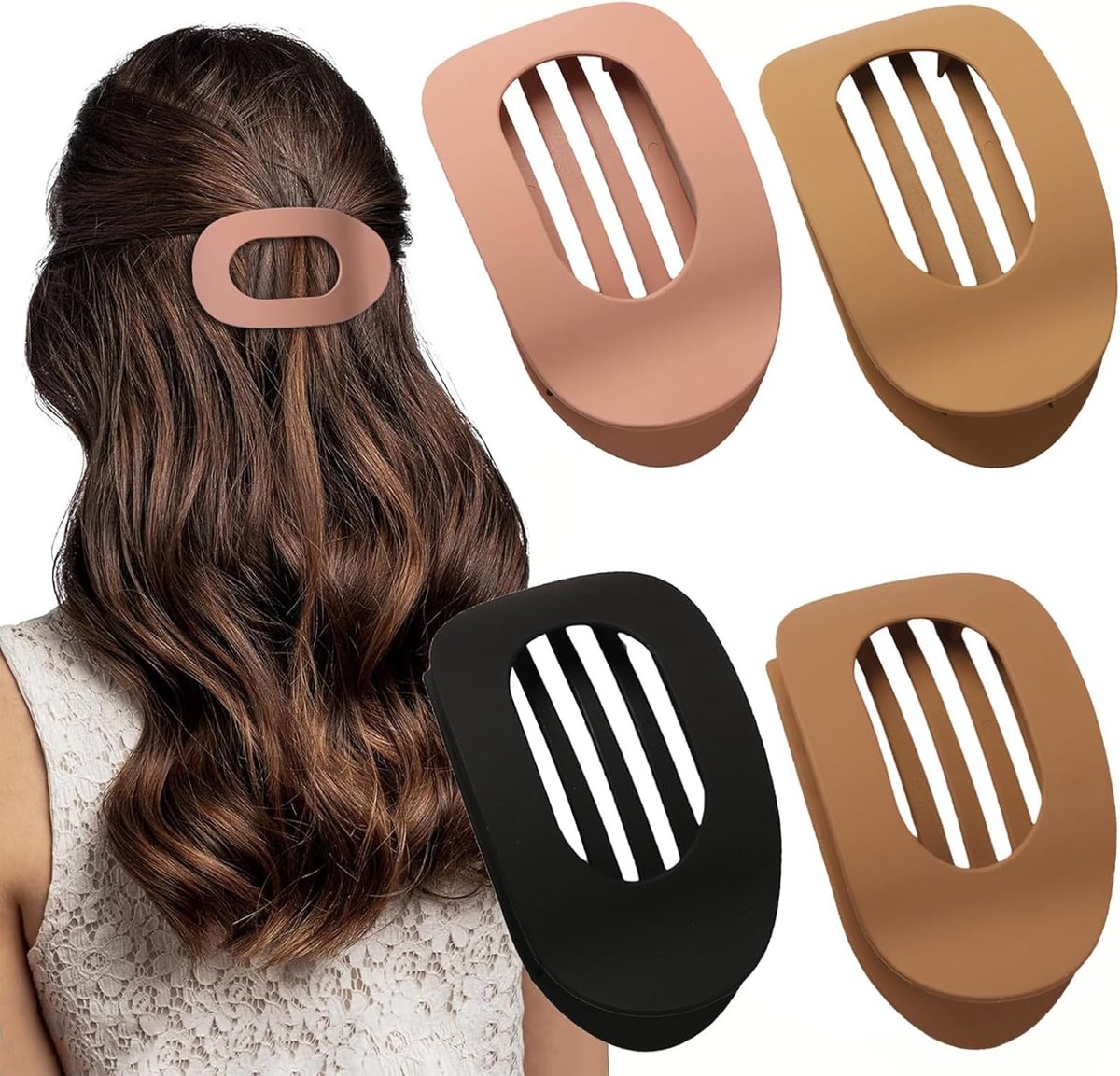 SnelShoppen - Set van 4 Matte Bruine Haarclips voor Vrouwen, Ronde Plat Haarclip voor Dikker en Dunner Haar, Comfortabele Gebogen Flat Clips in Roze,