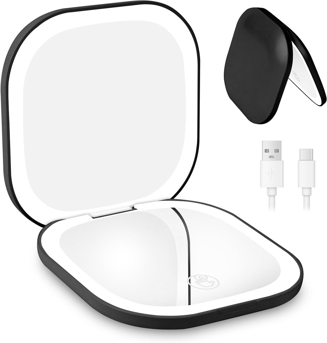 Thijox - Oplaadbare Vergrotende Reisspiegel met 3X/1X Vergroting, Verlichte Make-up Spiegel met 44 LED's, 3 Kleuren Verlichting, Dubbelzijdig, Compact