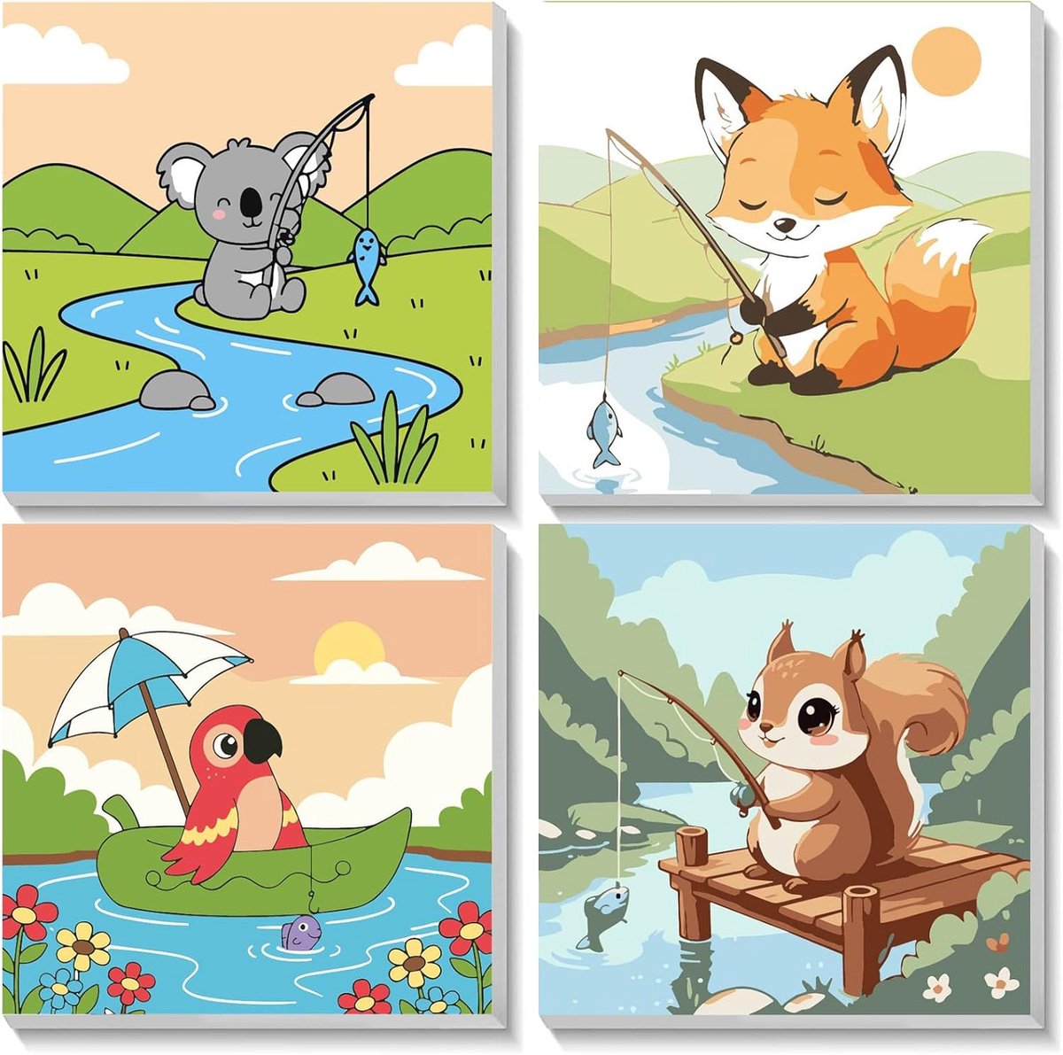 SnelShoppen - Schilderen op Nummer Set voor Kinderen - 4 Dieren Schilder Kits - Koala, Vos, Papegaai, Eekhoorn - Canvas met Lijst - DIY Acrylverf - Cr