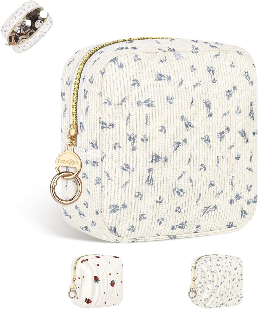SnelShoppen - Kleine Cosmetica Tas voor Vrouwen - Make-up Tas Corduroy - Toilettas Dames - Handbagage Organizer - 12.5x2x12.5 cm - Beige Bloem Blauw