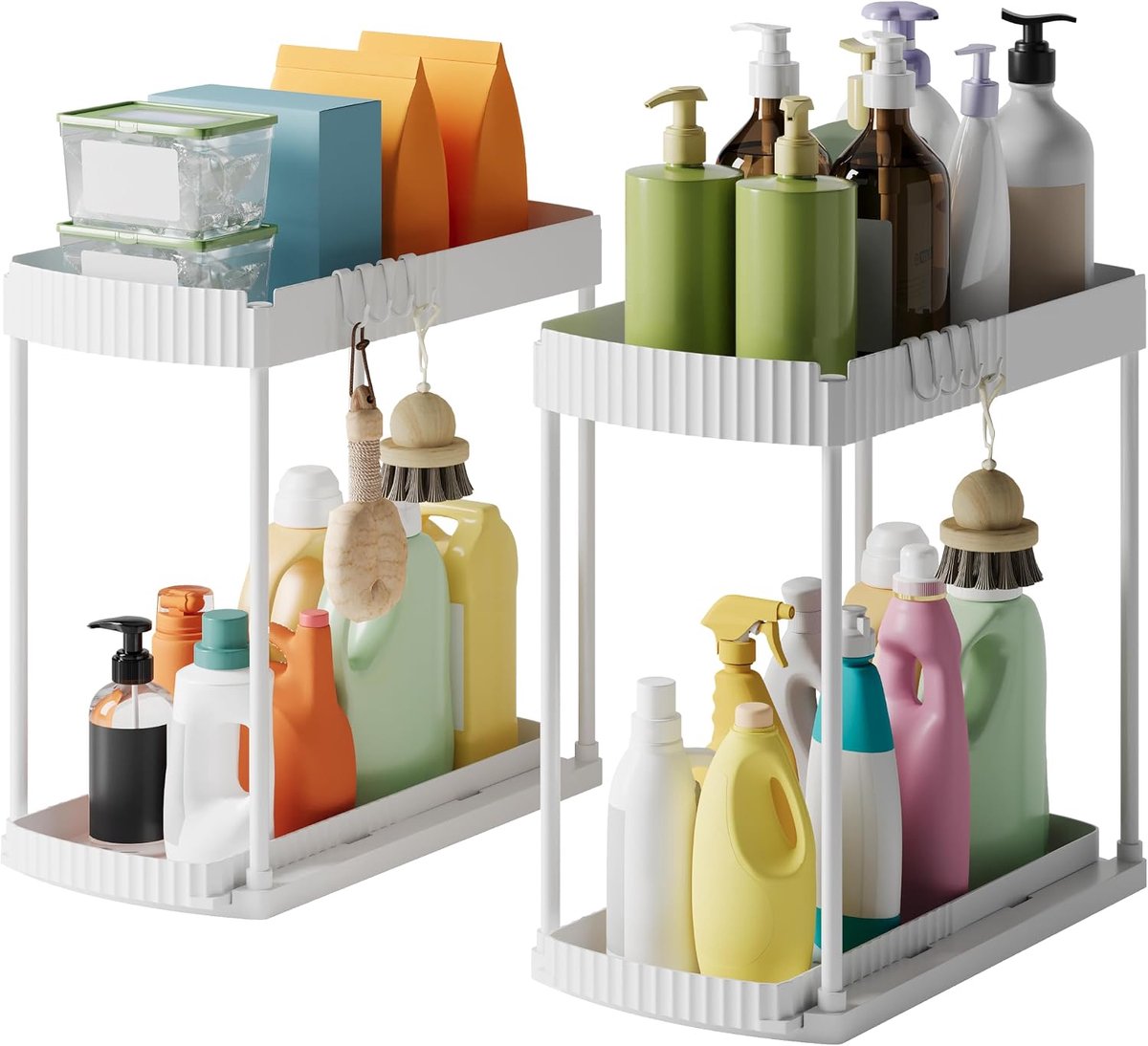 SnelShoppen - Extendable Sink Organiser 2 Levels Onderbouw Rek met 5 Haakjes en 2 Uittrekbare Mandjes Keuken Badkamer Organizer Wit