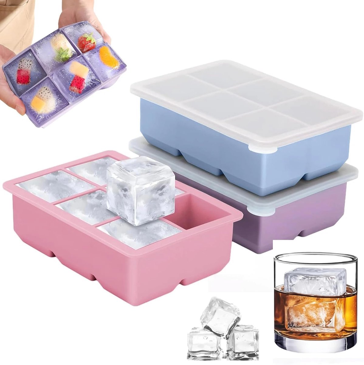 SnelShoppen - 3 Stuks Silicone IJsblokjesvormen met Deksel, 18 Grote IJsblokjes Tray, Stapelbare IJsblokjes Mallen voor Whisky, Cocktails, Dranken, BP