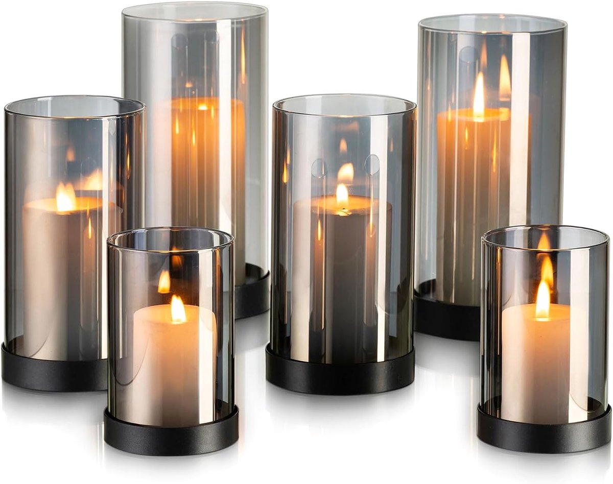 SnelShoppen - Set van 6 Wind Lichten Zwarte Glazen Lantaarns voor Kaarsen - Moderne Decoratie voor Woonkamer, Tuin en Feesten - Smoked Glass, Tealight
