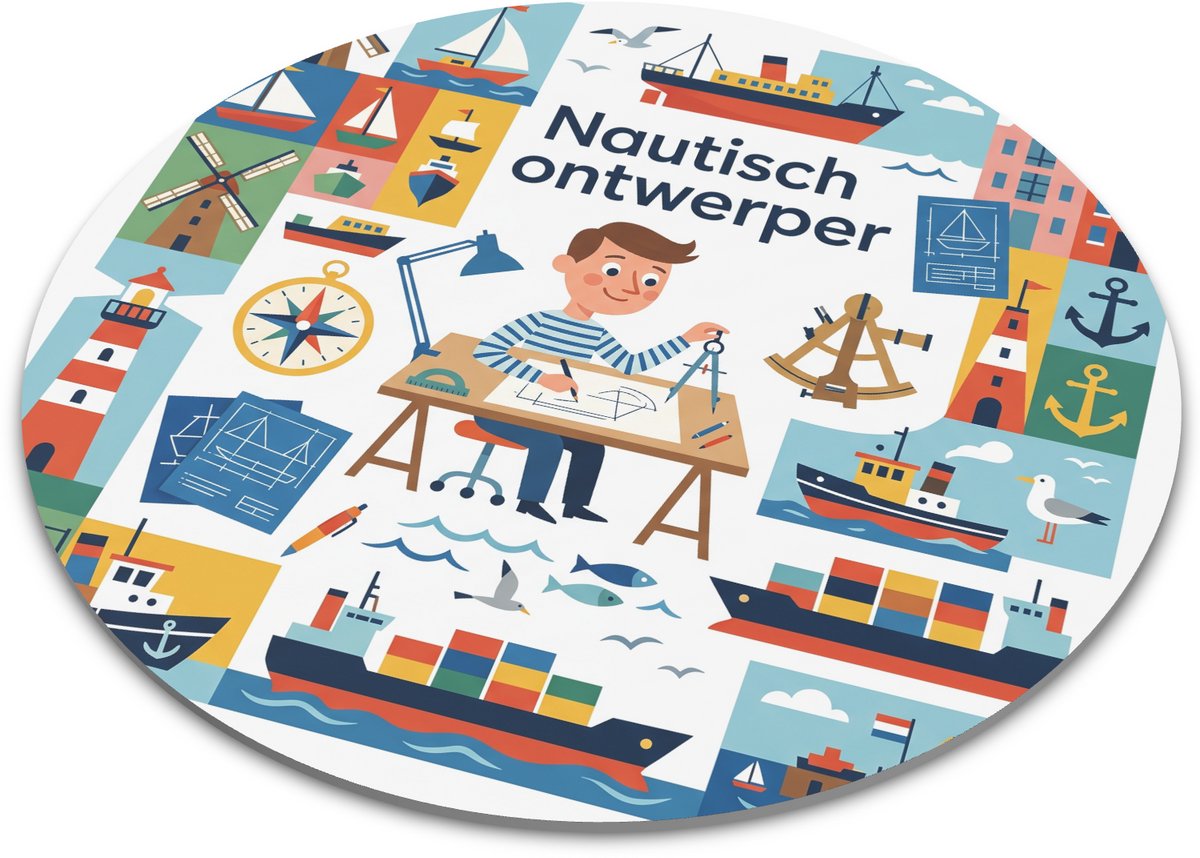 Ronde Muismat Nautisch ontwerper Retro Whimsical Gouache Illustratie Beroep Hobby Cadeau Antislip Bureau Onderlegger voor Thuiswerkplek of Kantoor Diameter 22 cm