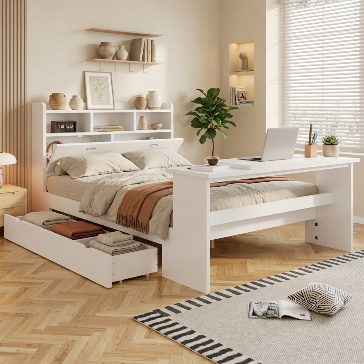 Kinderbed 140x200 cm - Met Opbergruimte, Hoofdbordplank, Flexibele Bedlade En Verstelbare Klaptafel - Zonder Matras - Hout - Wit