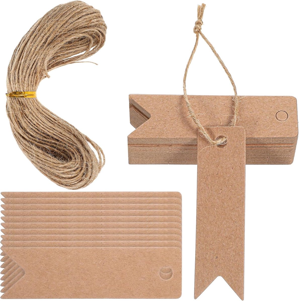 SnelShoppen - 200 Kraft Paper Gift Tags 2x7 cm met 40 m Jute Cord - Bruin, Perfect voor Crafting, Schrijven, Huwelijk en Kerst