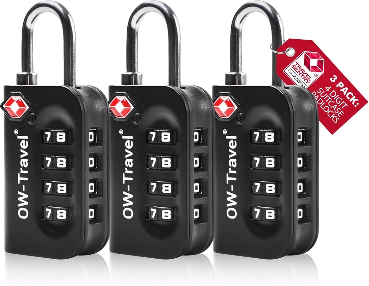 SnelShoppen - TSA Hangslot Combinatieslot 4 Cijfers - 3 Stuks - Zinklegering - Zwart - Voor Koffer, Bagage, Rugzak, Gymkluisje, Handbagage en Vakantie