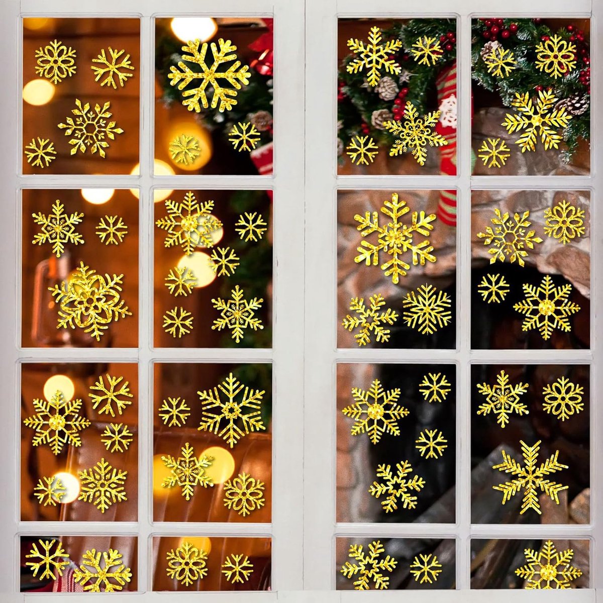 SnelShoppen - Gouden Glitter Sneeuwvlokken Raamdecoratie Kerst, 54 Stuks Zelfklevende Grote Raamstickers, Winterse Sneeuwvlokken Kerstdecoratie voor T