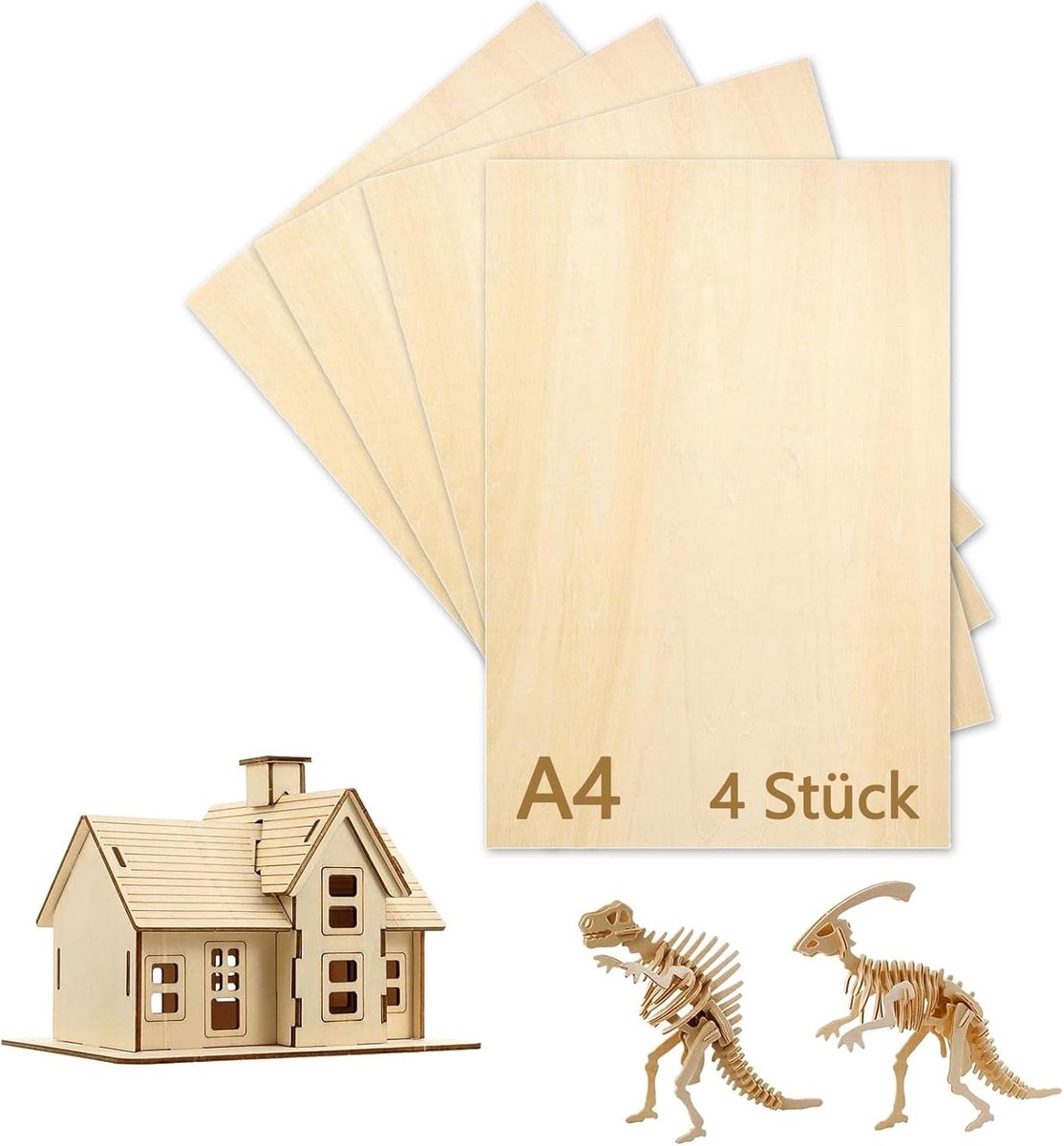 SnelShoppen - Pack van 4 Plywood Plaatjes 3 mm A4 30 x 21 cm Houtplaat voor Creatief Klussen, Dun Chipboard, Linden Hout voor DIY, Laserbewerking, Vuu