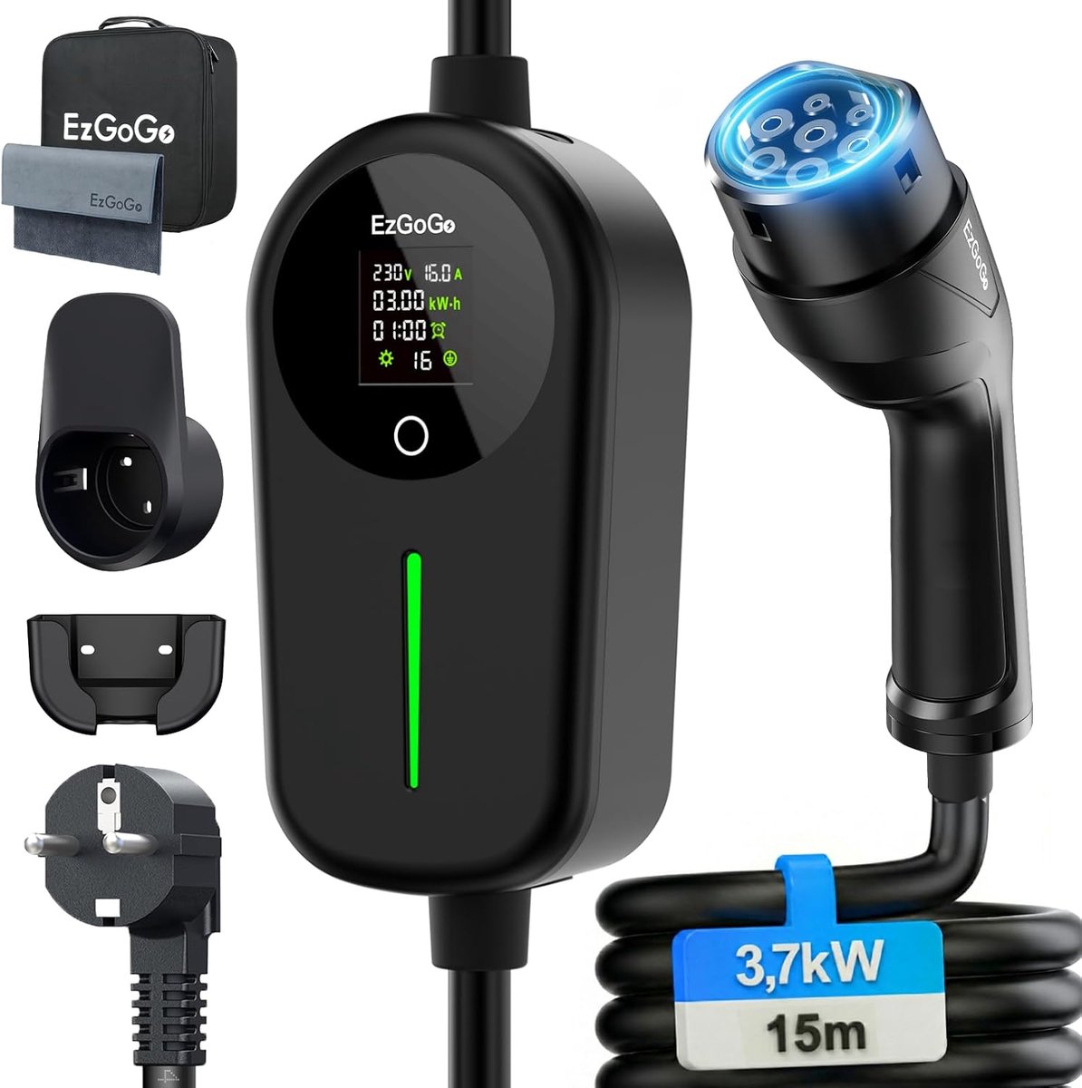 SnelShoppen - EzGoGo Type 2 Laadkabel Schuko 3.68 kW - 15 m - 1-fase - 6-16 A - Draagbare EV Lader met LCD Scherm & IP65 Bescherming - Voor Elektrisch