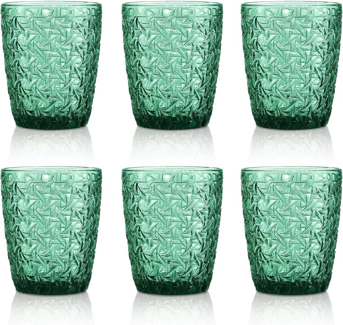 SnelShoppen - Set van 6 Vintage Groene Drinkglazen 300 ml - Kleurige Waterglazen met Gegraveerd Ontwerp - Vaatwasserbestendig - Retro Stijl voor Feest