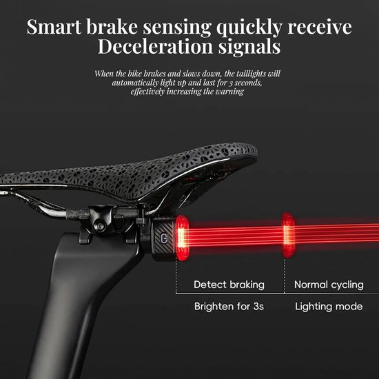 Fietsverlichting - Fiets Achterlicht - Fietsverlichting Oplaadbaar - USB-C Oplaadbaar LED Achterlicht met Remsensor - Lichtsensor - Bewegingssensor - IPX6 Waterdicht - 4 Lichtmodi voor Racefiets - MTB - E-bike en Stadsfiets — afbeelding 4