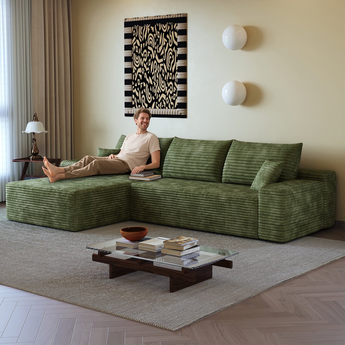 Modulaire Hoekbank Met L Vormige Chaise Longue Zonder Montage Voor Woonkamer En Appartement Ribstof Groen
